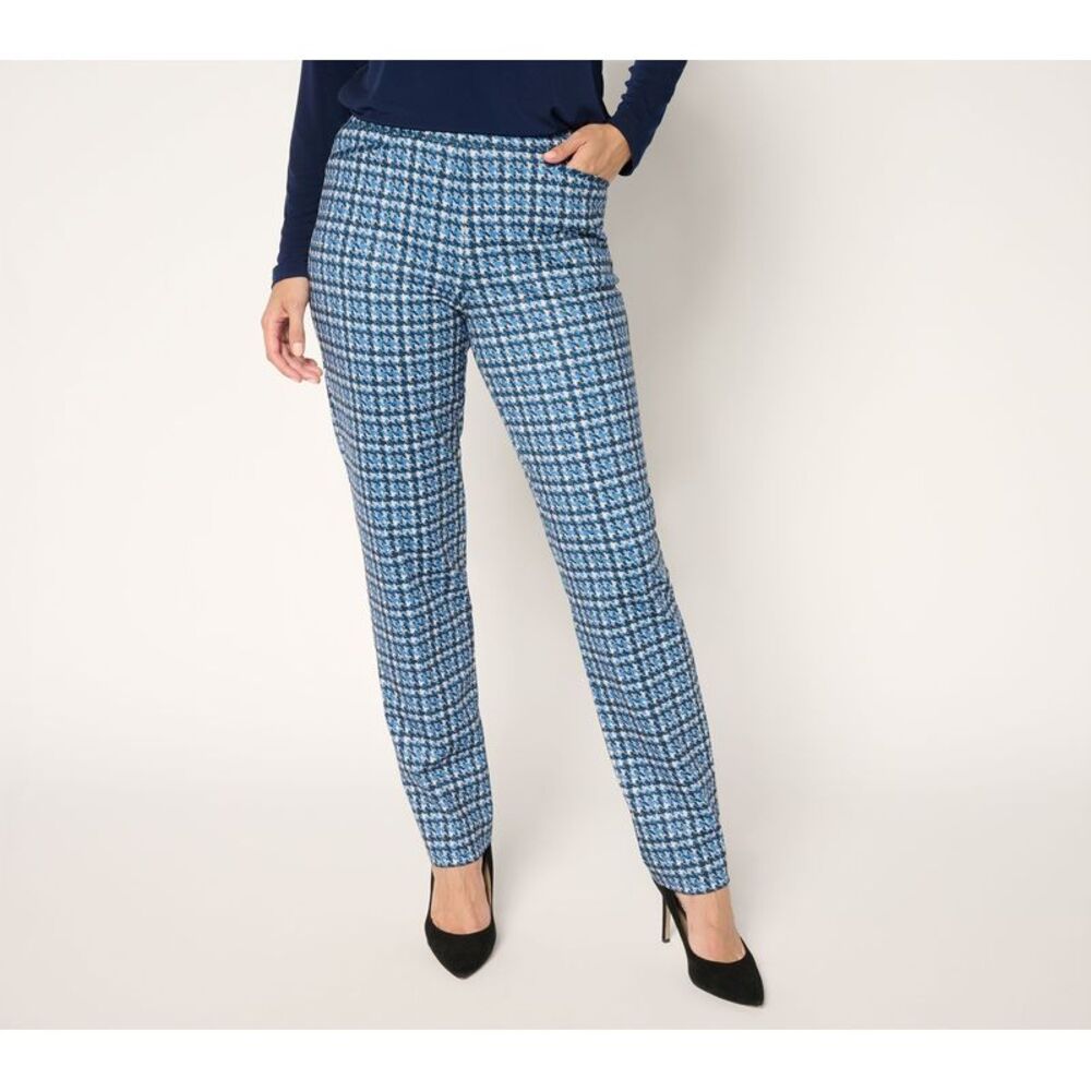 Susan Graver Women's Pants Sz M Printed Ponte Straight Leg Pull -On Blue A700448